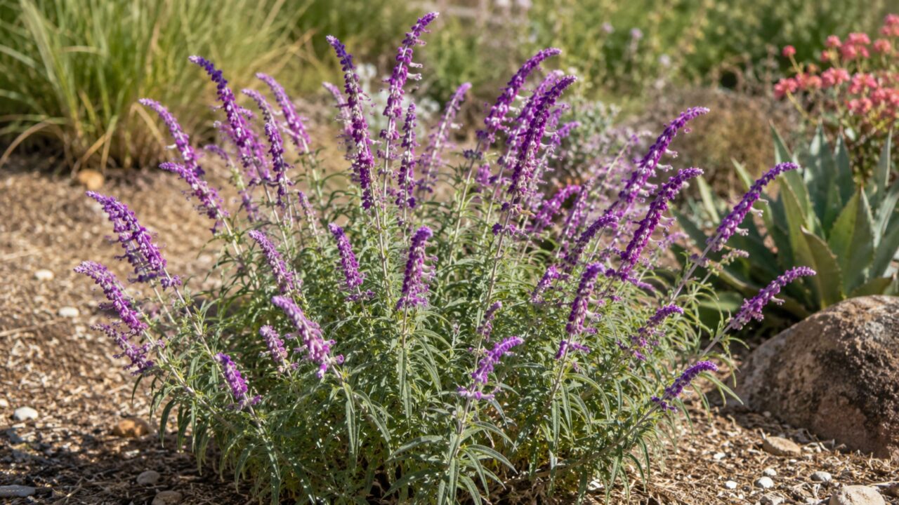 Sálvia-mexicana suporta calor intenso e floresce por semanas mesmo com pouca água