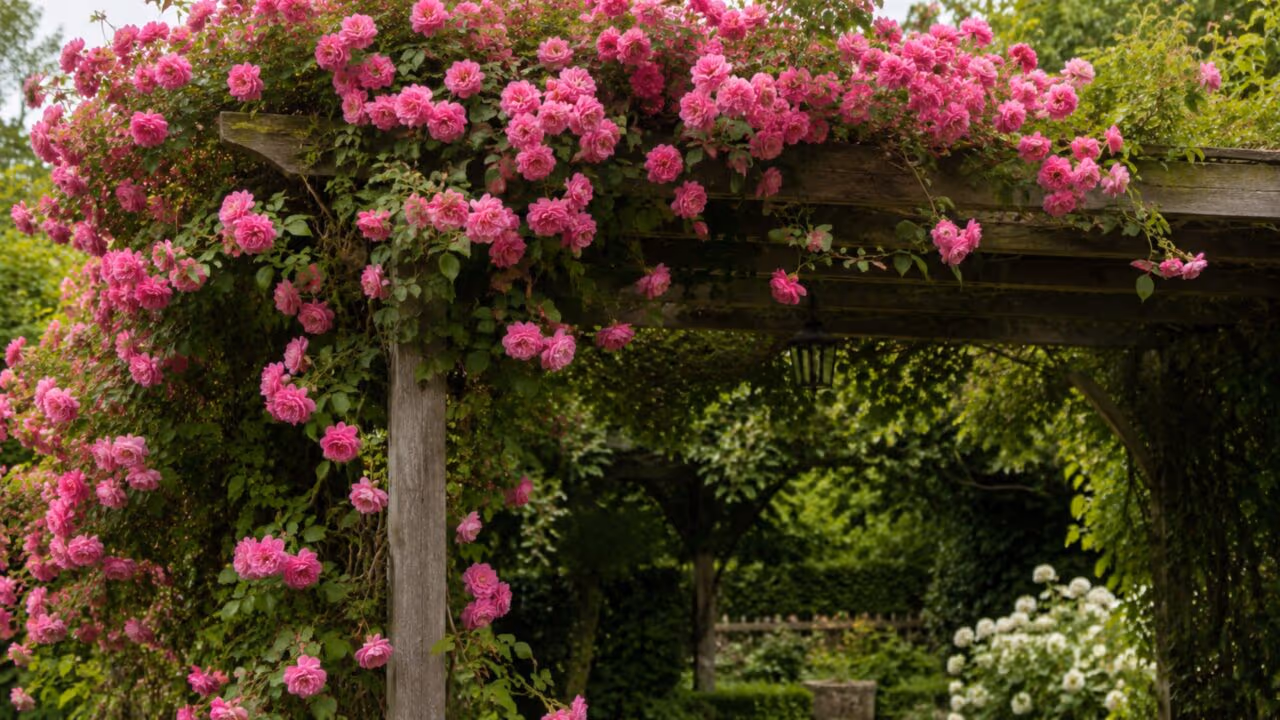 A roseira trepadeira de flores rosa que transforma muro, arco e cerca em destaque no quintal