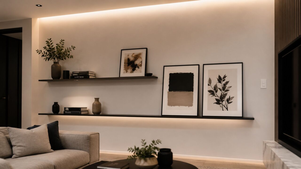 Quadros, prateleiras e iluminação ajudam a transformar uma parede simples sem reforma pesada