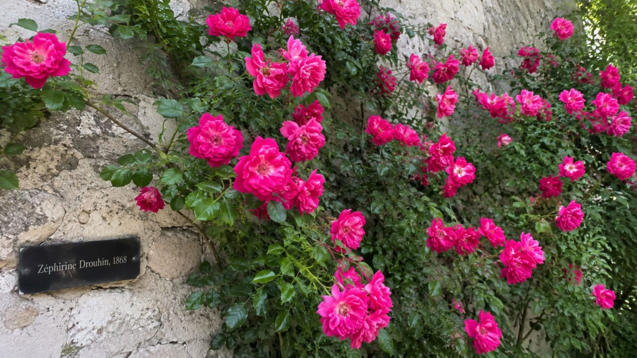 Criada em 1868, essa roseira Bourbon combina perfume intenso, flores rosadas e hastes quase sem espinhos