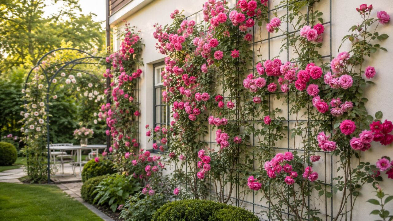 Essa rosa Bourbon é ideal para preencher muros, cercas e pérgolas com aparência florida