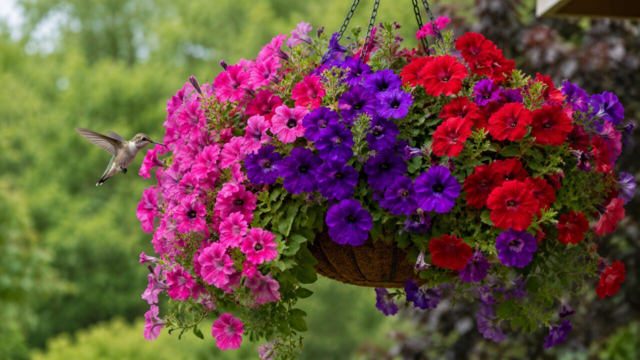 Petúnias pendentes criam efeito de cascata e podem atrair beija-flores