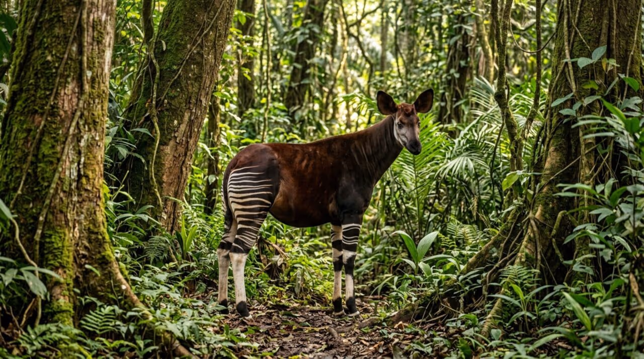 O animal raro que parece uma zebra, mas é parente da girafa e quase nunca é visto porque vive escondido na floresta