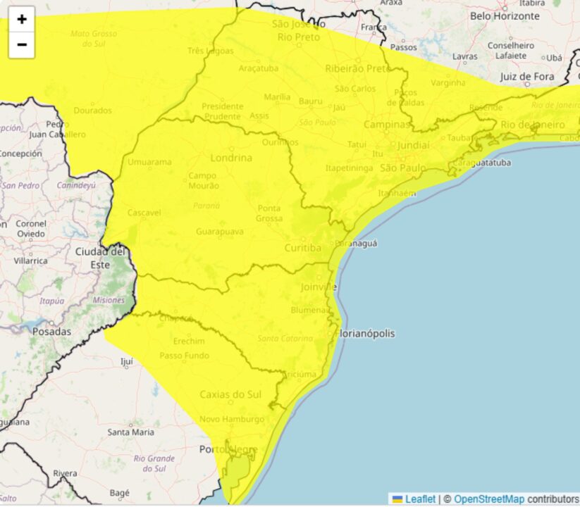 Alerta do Inmet de tempestade com granizo no Sul e Sudeste nesta 3°feira, 26