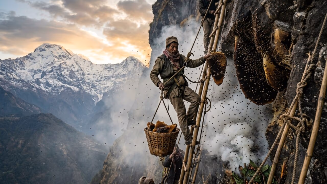 Caçadores se arriscam em escaladas nas montanhas mortais do Nepal para colher mel alucinógeno conhecido como “mel louco”