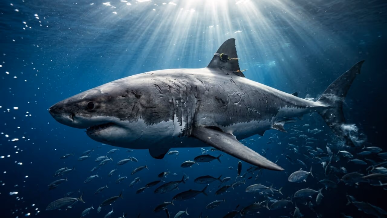 Pesando mais de 750kg e medindo 4,20m de comprimento, cientistas registraram o maior tubarão-branco macho dos oceanos