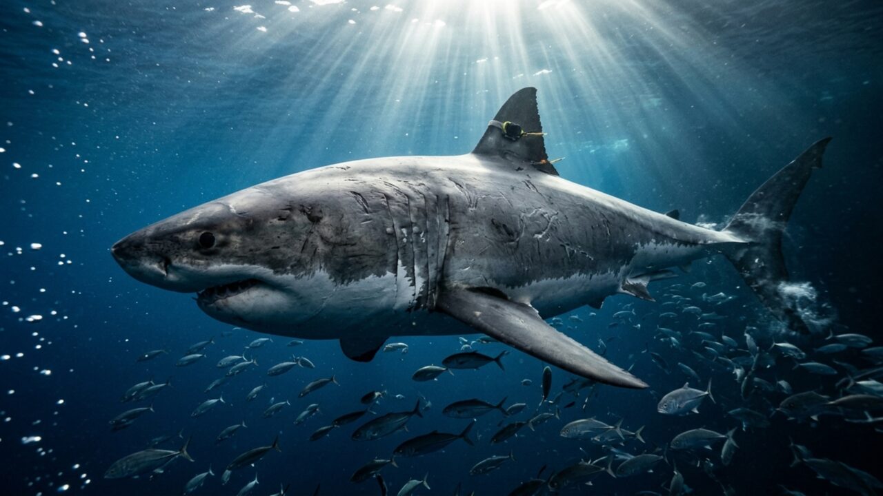 Pesando mais de 750kg e medindo 4,20m de comprimento, cientistas registraram o maior tubarão-branco macho dos oceanos