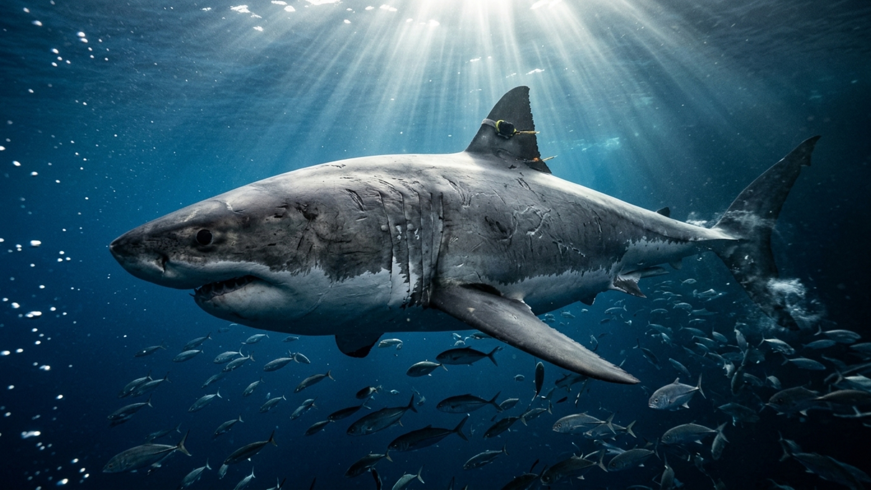 Pesando mais de 750kg e medindo 4,20m de comprimento, cientistas registraram o maior tubarão-branco macho dos oceanos