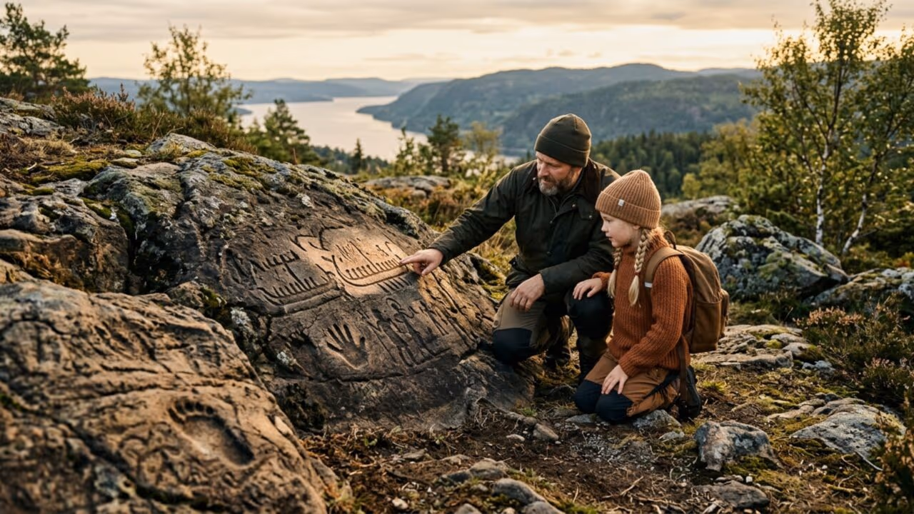 Um pai e sua filha pararam numa estrada na Noruega e se depararam com marcas antigas de 3.000 anos, diferentes de tudo que já tinham visto