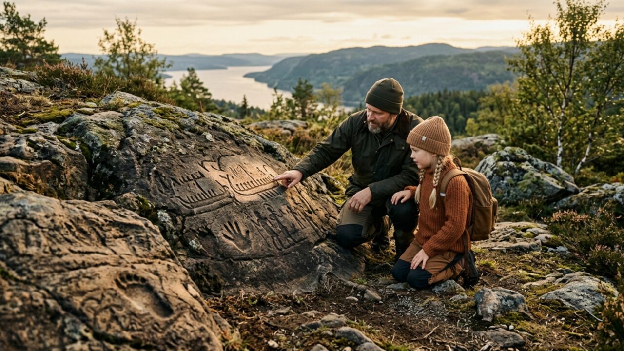 Um pai e sua filha pararam numa estrada na Noruega e se depararam com marcas antigas de 3.000 anos, diferentes de tudo que já tinham visto