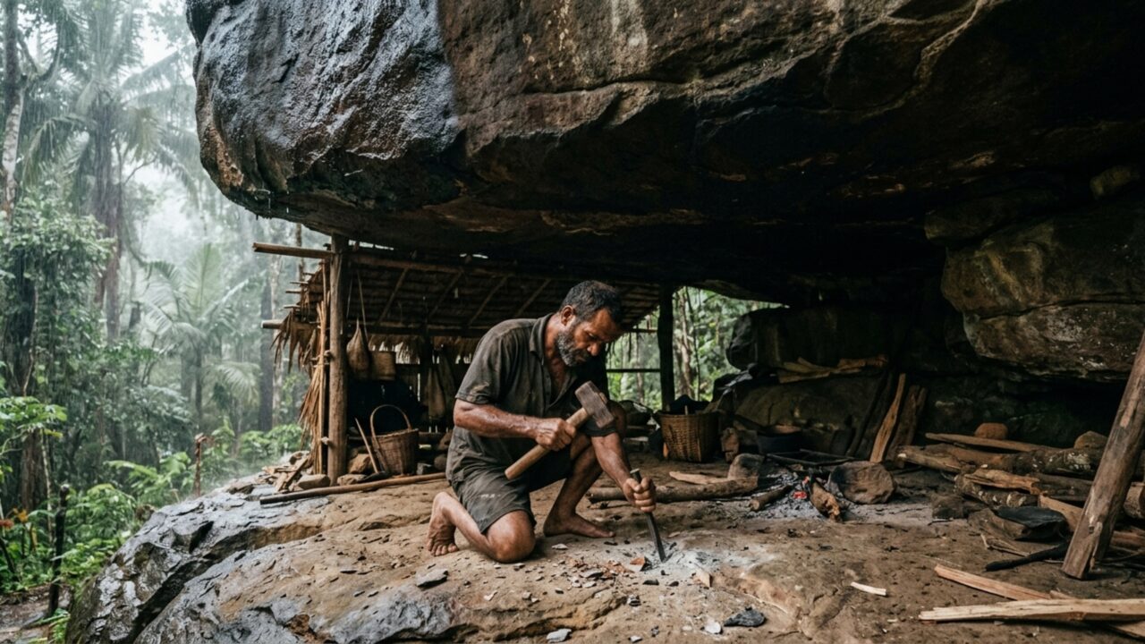Sem concreto, sem parafuso, sem máquina: como um construtor ergueu uma casa completa embaixo de uma rocha e conquistou 16 milhões de pessoas na internet