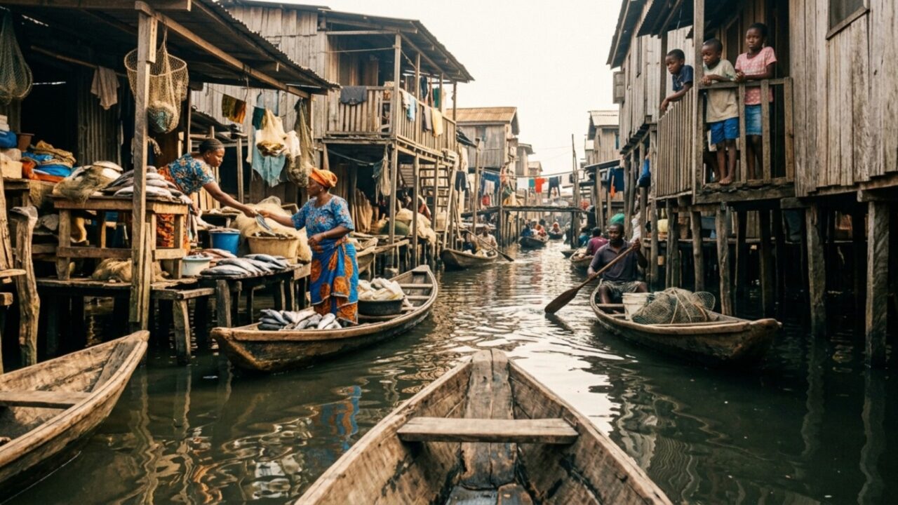 A comunidade flutuante de Lagos onde milhares vivem sobre a água poluída, sem saneamento, sem endereço oficial e sob ameaça de demolição