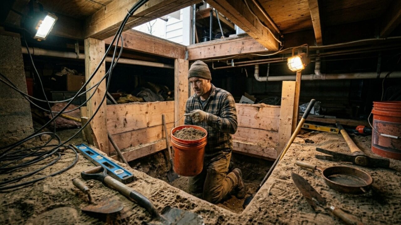 Dupla remove mais de 23 toneladas de areia utilizando baldes para construir um bunker futurista escondido sob uma casa velha no meio da neve