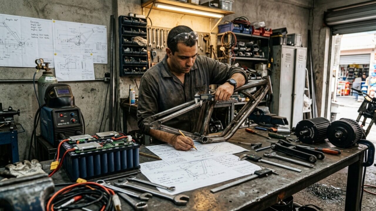 Engenheiro de garagem construiu uma bicicleta elétrica de trilha do zero com soldagem própria, falso tanque para esconder a bateria e peças inspiradas em grandes marcas