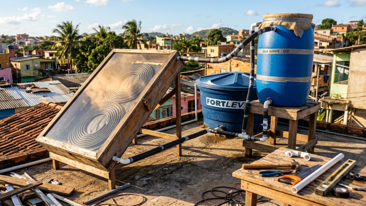 Diego construiu um aquecedor solar caseiro usando barril plástico, mangueira e vidro para aquecer a água do banho sem bomba e reduzir a conta de luz usando apenas o calor do sol