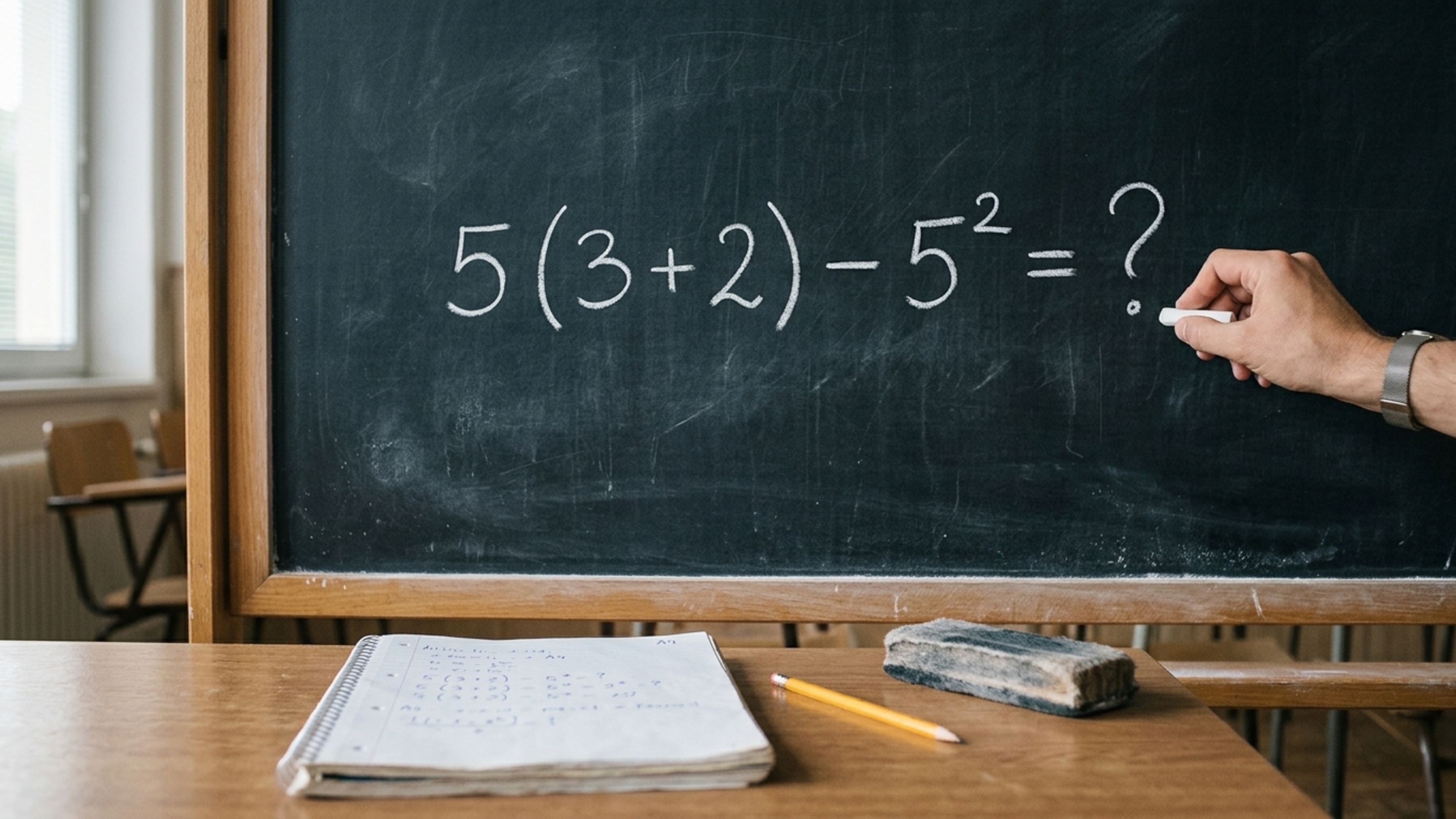 Você acha que consegue encontrar o verdadeiro resultado de 5 (3 + 2) – 5²?