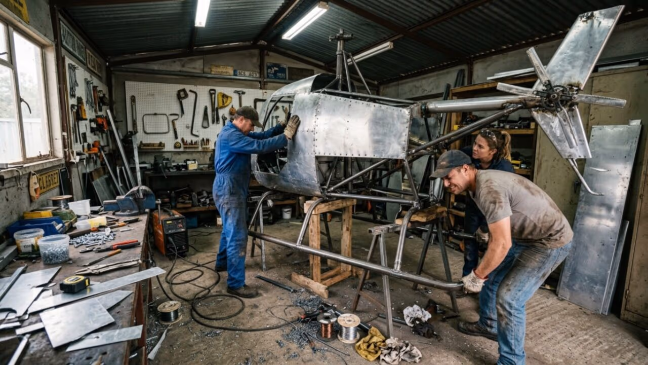 Construtores montam helicóptero caseiro com alumínio reaproveitado, transmissão improvisada e rotor de cinco metros que exigiu testes remotos por segurança