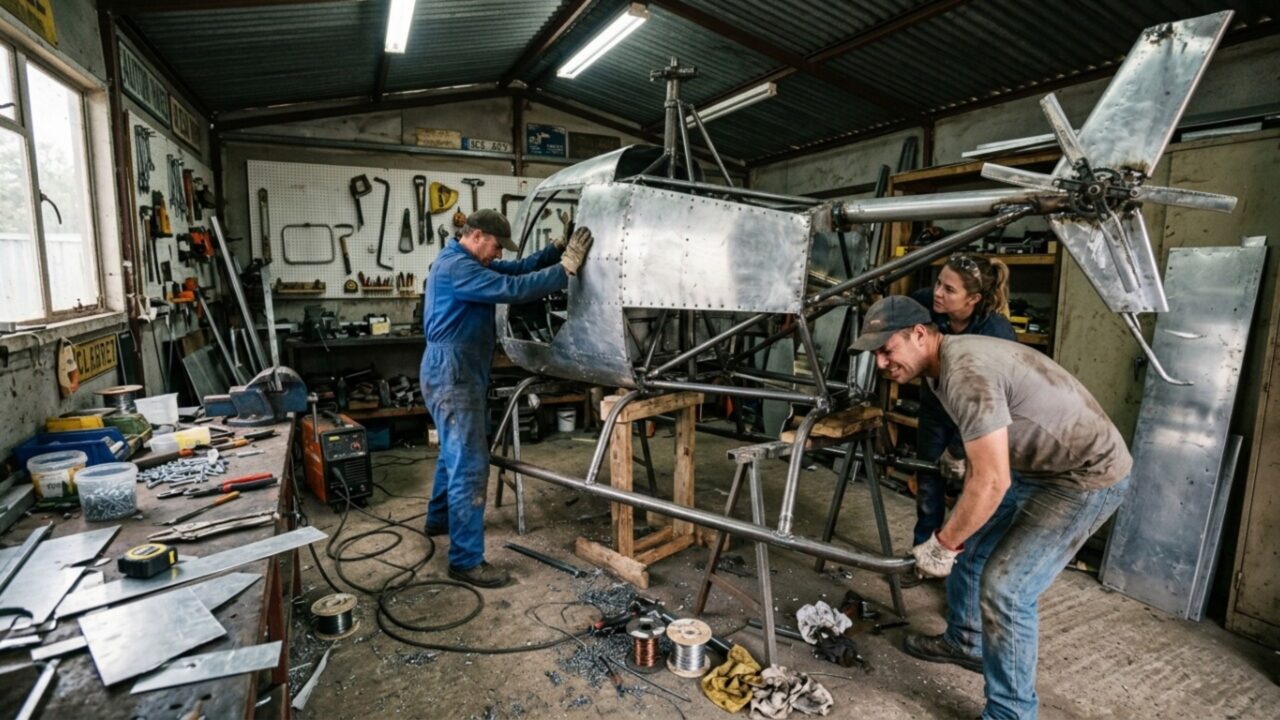Construtores montam helicóptero caseiro com alumínio reaproveitado, transmissão improvisada e rotor de cinco metros que exigiu testes remotos por segurança