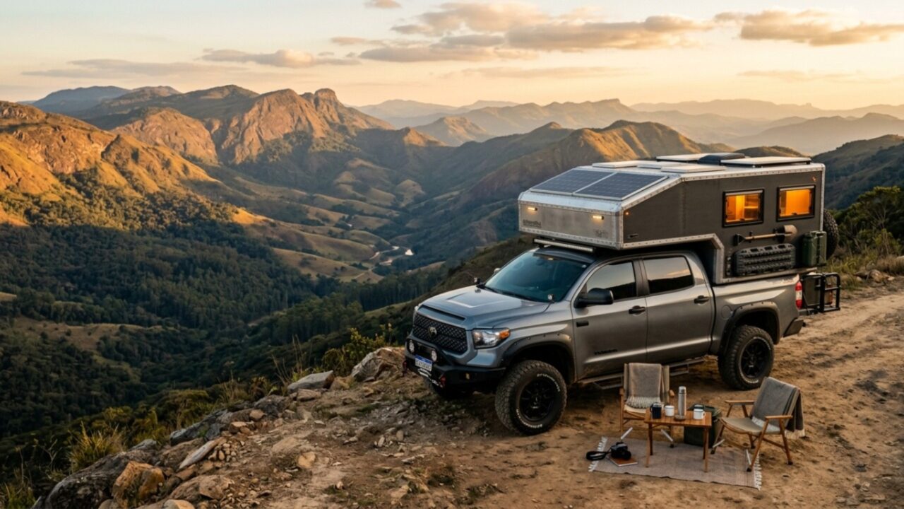 Marcelo transformou uma pick-up comum em uma camper completa com cama de casal, banheiro, energia solar, ar-condicionado e estrutura que se separa do carro em minutos
