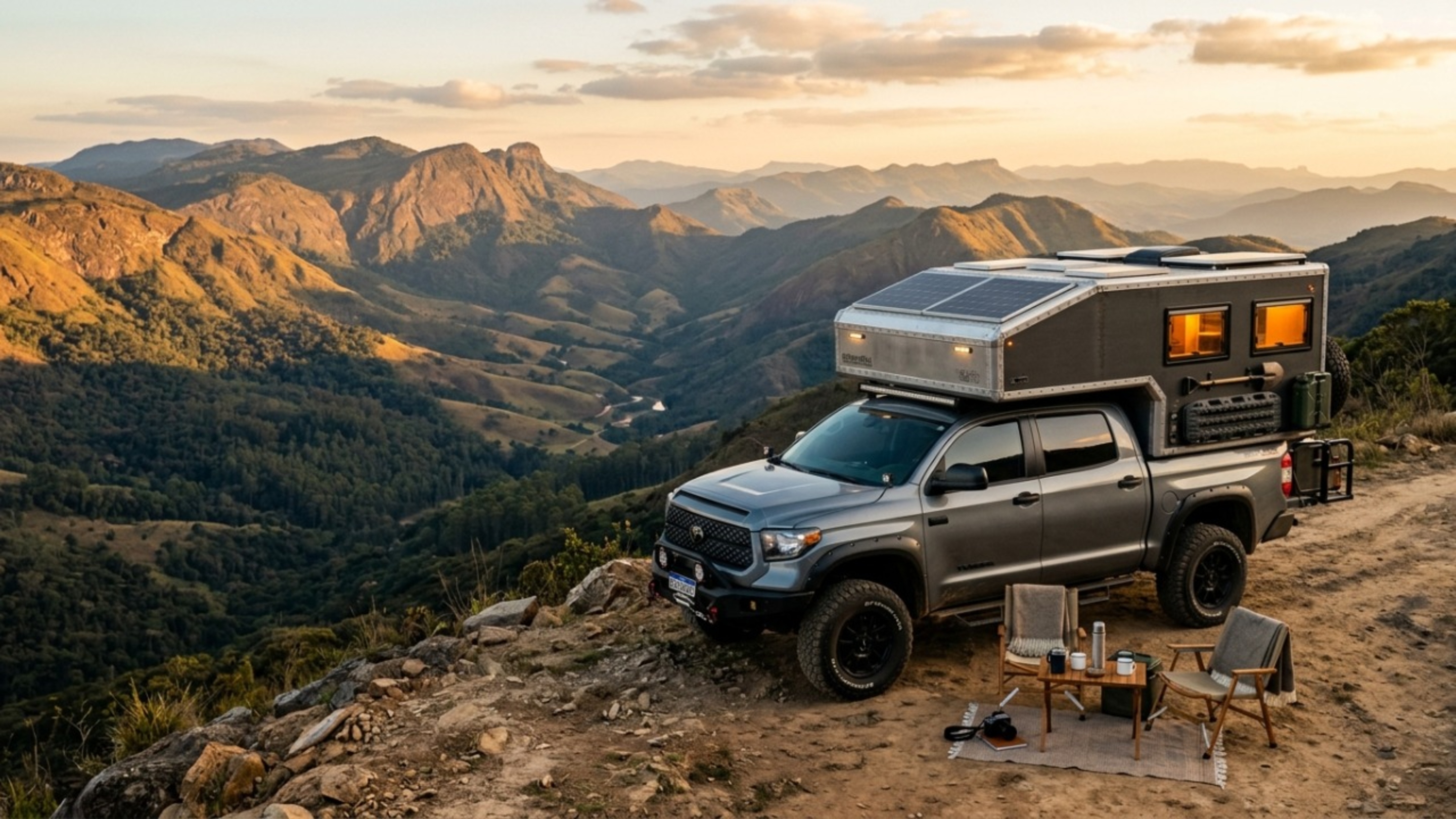 Marcelo transformou uma pick-up comum em uma camper completa com cama de casal, banheiro, energia solar, ar-condicionado e estrutura que se separa do carro em minutos