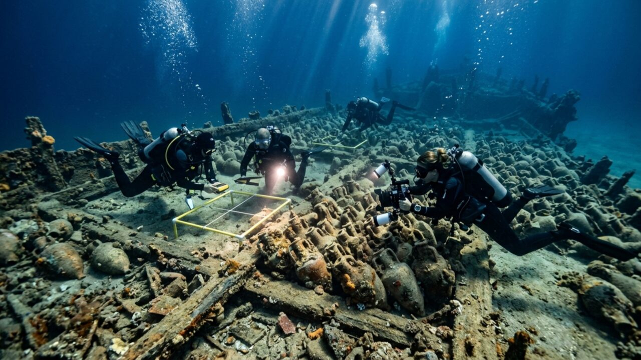 Em apenas 13 dias, arqueólogos localizaram 22 navios afundados há mais de 2.000 anos em uma região remota do mar Egeu, com cargas antigas ainda preservadas