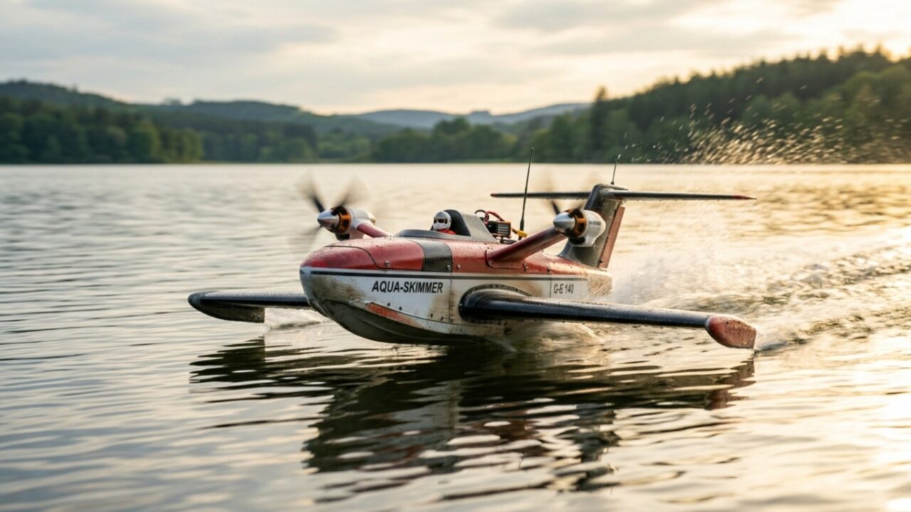 Homem constrói veículo flutuante artesanal do zero com fibra de carbono, motores elétricos e sistema que faz o veículo planar sobre a água sem ser avião nem barco