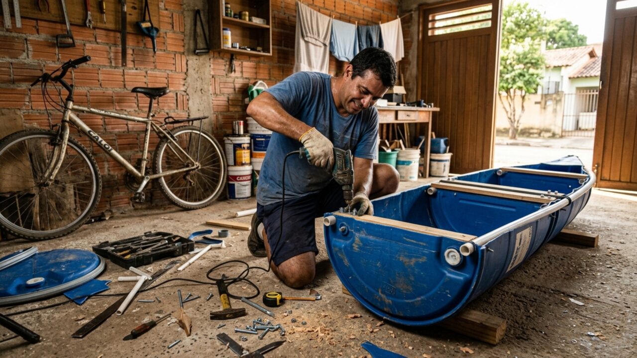 Bruno construiu um caiaque de verdade usando tambores plásticos de 200 litros, madeira reaproveitada e canos de PVC, com flutuadores laterais para pescar em rios calmos gastando menos de 150 reais