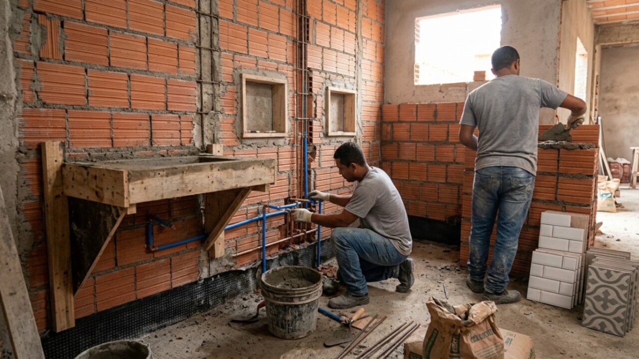 Pedreiro construiu um banheiro 4 em 1 usando concreto, nichos embutidos e sem precisar gastar com móveis planejados