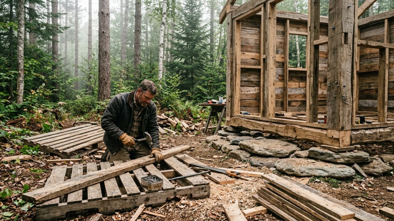 Utilizando somente pallets descartados, esse homem construiu uma casa em 139 dias com fogão de pedra, isolamento térmico e móveis completos no meio de uma floresta