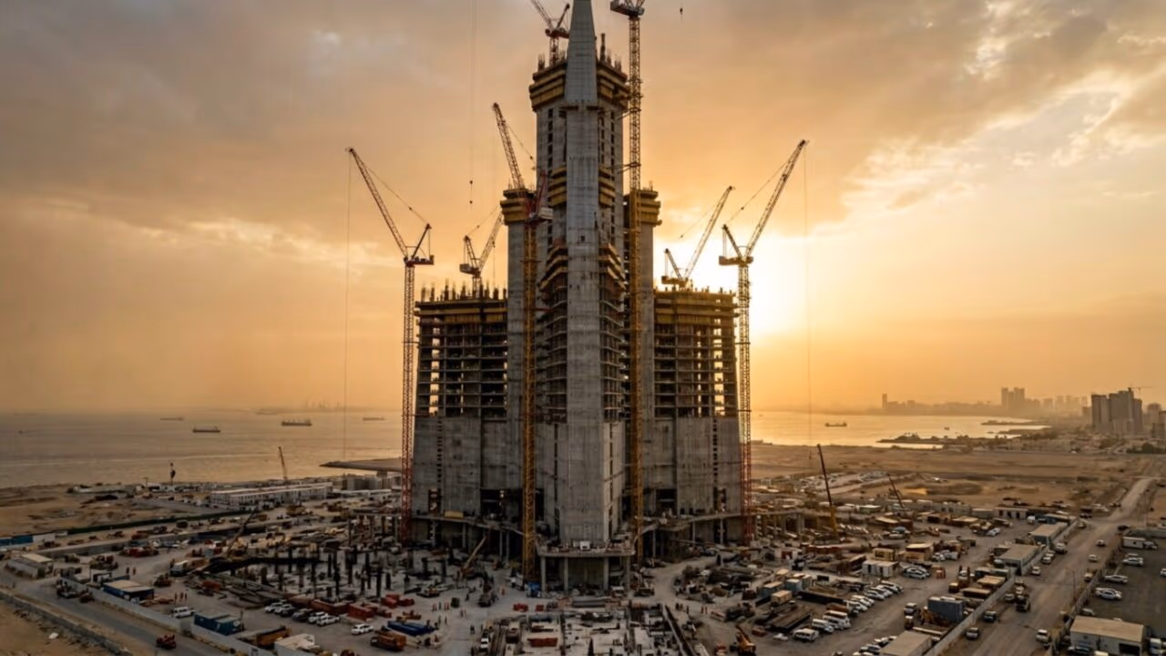 A Torre de Jeda voltou a crescer no deserto após 7 anos parada e agora promete ultrapassar 1 km de altura para superar o Burj Khalifa