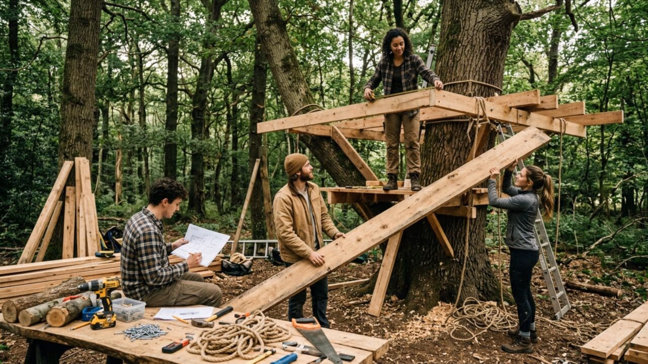 O grupo de amigos que levou a “casa na árvore” para outro nível: construíram uma aldeia inteira entre os troncos com pontes, água encanada, eletricidade, tirolesa e cinema ao ar livre