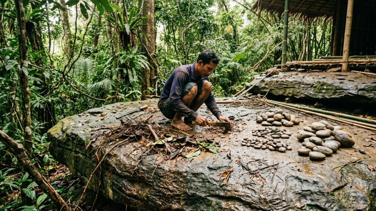 Arquiteto da selva: homem constrói uma casa completa nas florestas do Camboja usando pedras, madeira e argila