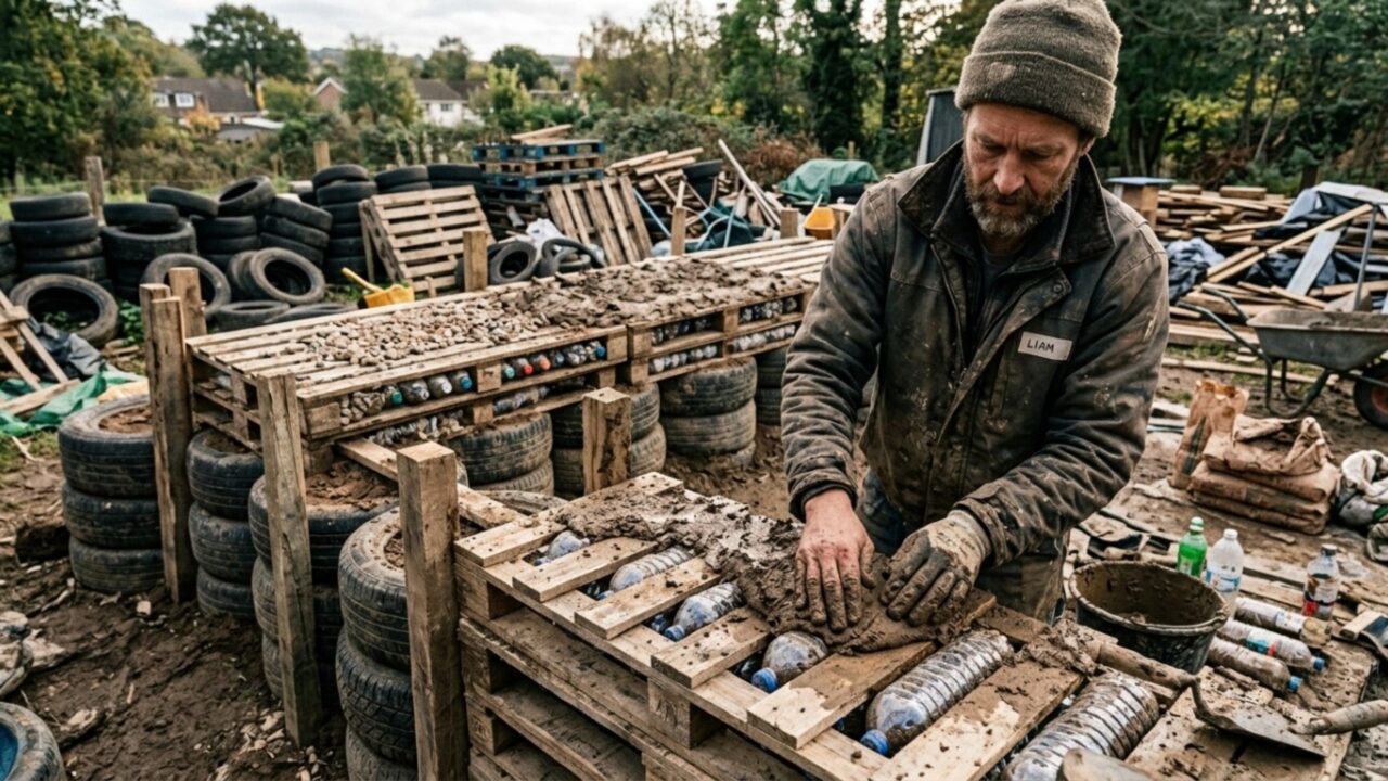 Usando restos de madeira, pneus velhos como fundação e paletes descartados nas paredes, homem constrói uma cabana funcional sem comprar materiais novos
