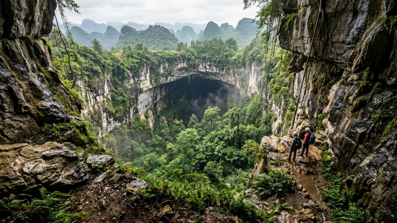 Exploradores descobrem gigantesca floresta escondida a 180 metros de profundidade dentro de uma enorme dolina na China