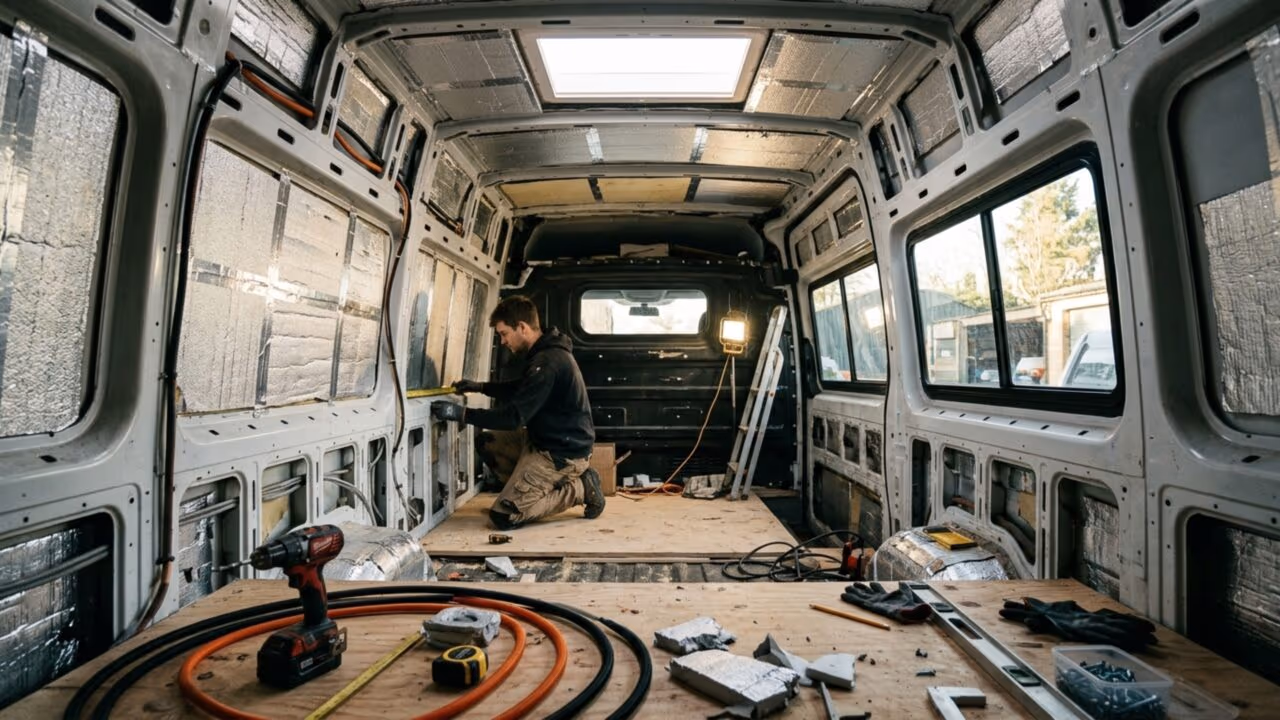 Uma van de 7 metros foi transformada em casa sobre rodas com energia solar, cama de casal, cozinha completa, banheiro oculto e autonomia para semanas off-grid, tudo construído manualmente, do corte da lataria ao acabamento final