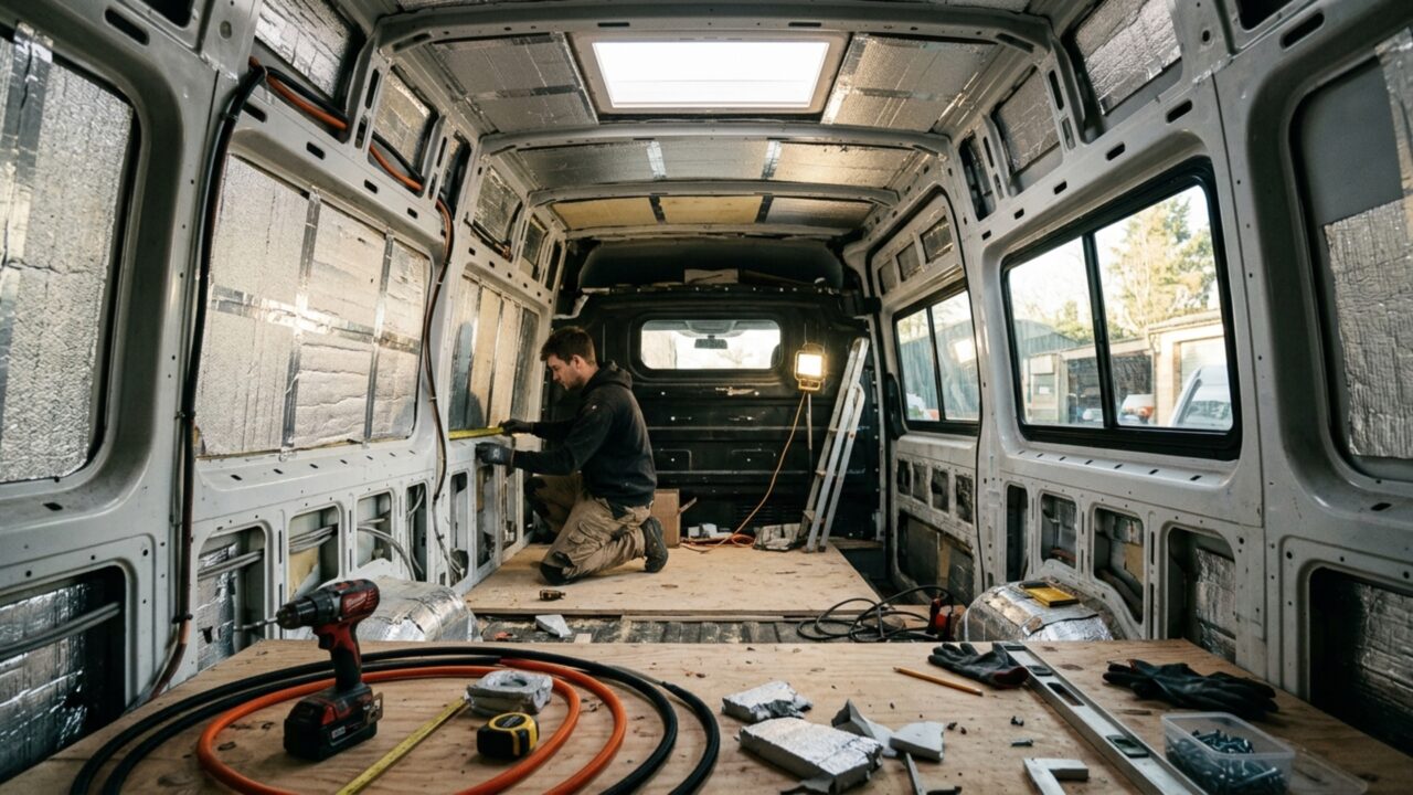 Uma van de 7 metros foi transformada em casa sobre rodas com energia solar, cama de casal, cozinha completa, banheiro oculto e autonomia para semanas off-grid, tudo construído manualmente, do corte da lataria ao acabamento final