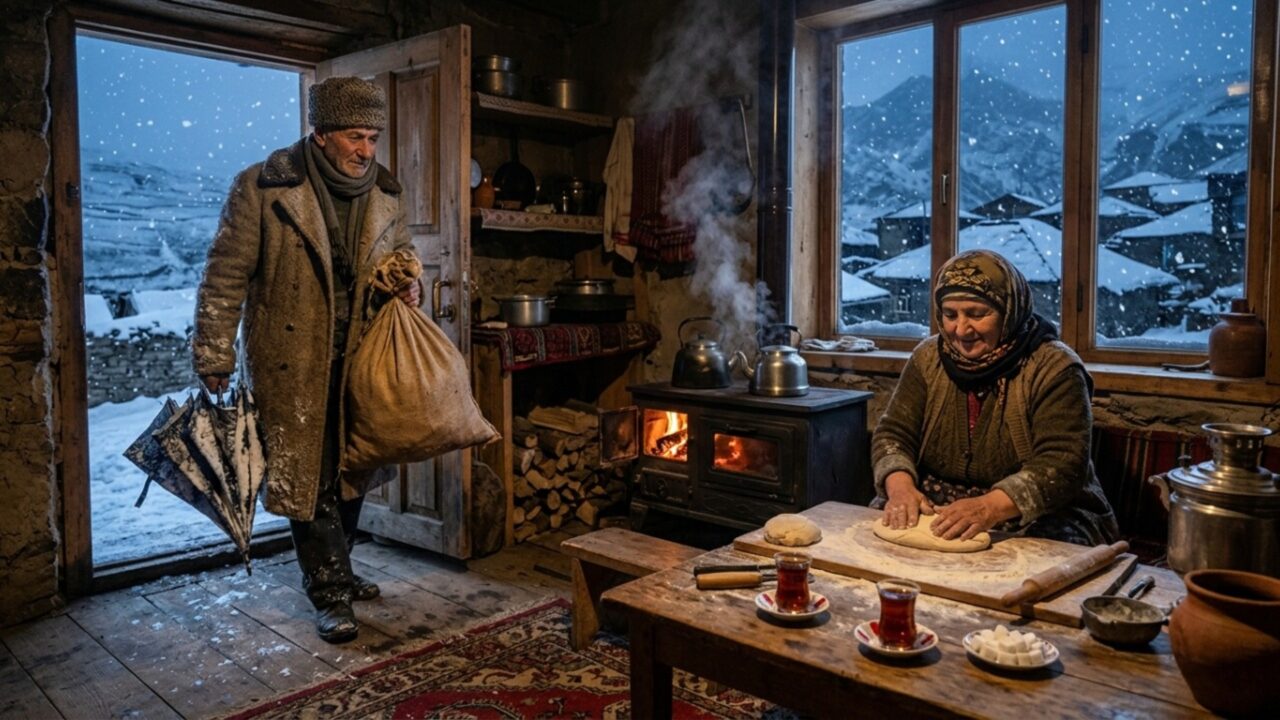 O casal que enfrenta a neve nas montanhas do Azerbaijão para manter viva uma rotina de comida caseira, chá quente e forno ancestral