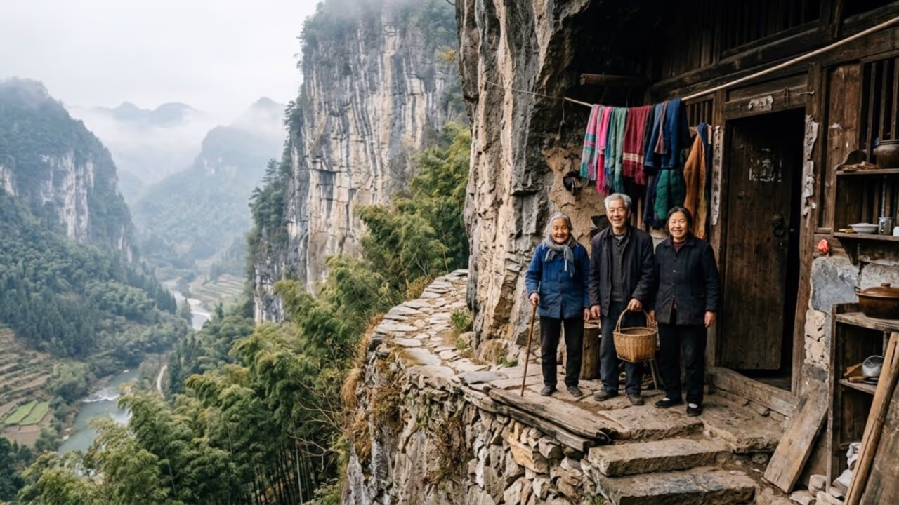 A casa no penhasco mais insana da China: três irmãos ainda vivem em uma casa-caverna pendurada preservando a tradição familiar de 400 anos