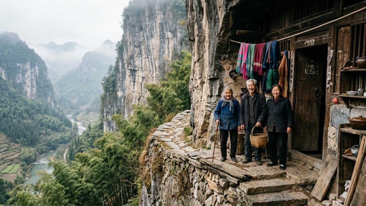 A casa no penhasco mais insana da China: três irmãos ainda vivem em uma casa-caverna pendurada preservando a tradição familiar de 400 anos