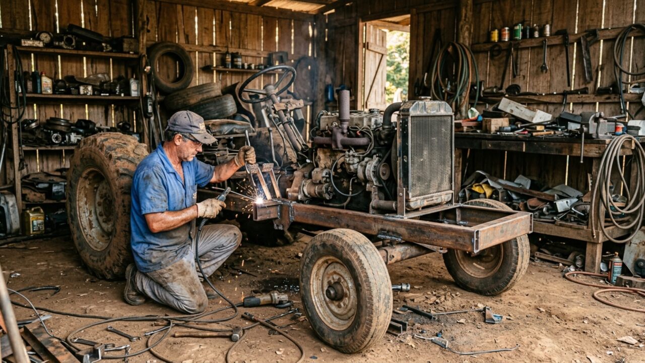 Utilizando um motor diesel de 13 cv, rodas antigas de caminhão e peças de carros fora de linha, homem construiu um trator caseiro por cerca de R$ 8 mil para trabalhar diariamente em uma área de 30 hectares