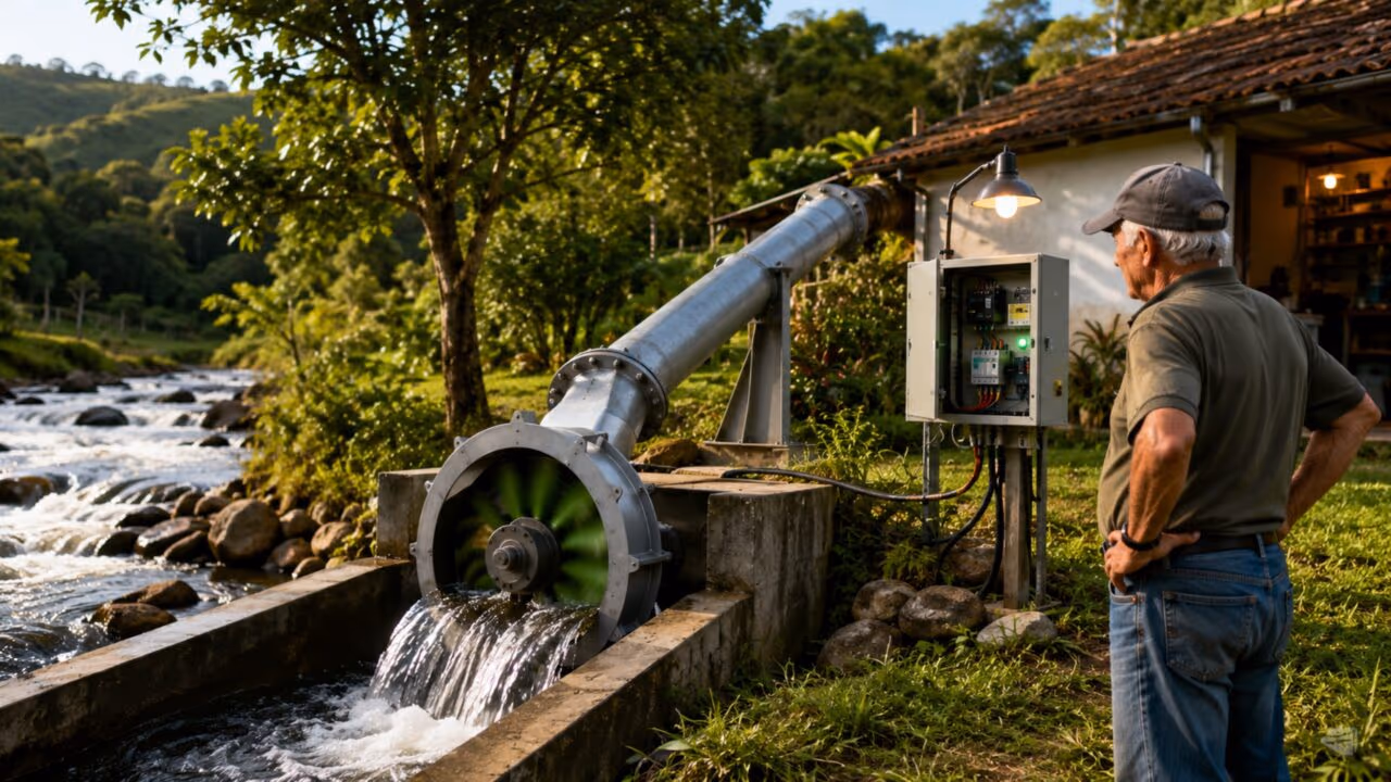 Aposentado constrói usina hidrelétrica no quintal e gera sua própria energia com a força do rio