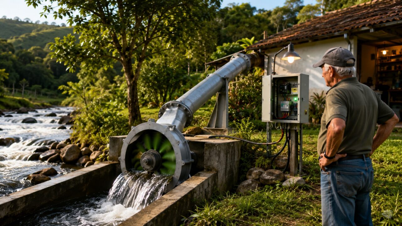 Aposentado constrói usina hidrelétrica no quintal e gera sua própria energia com a força do rio