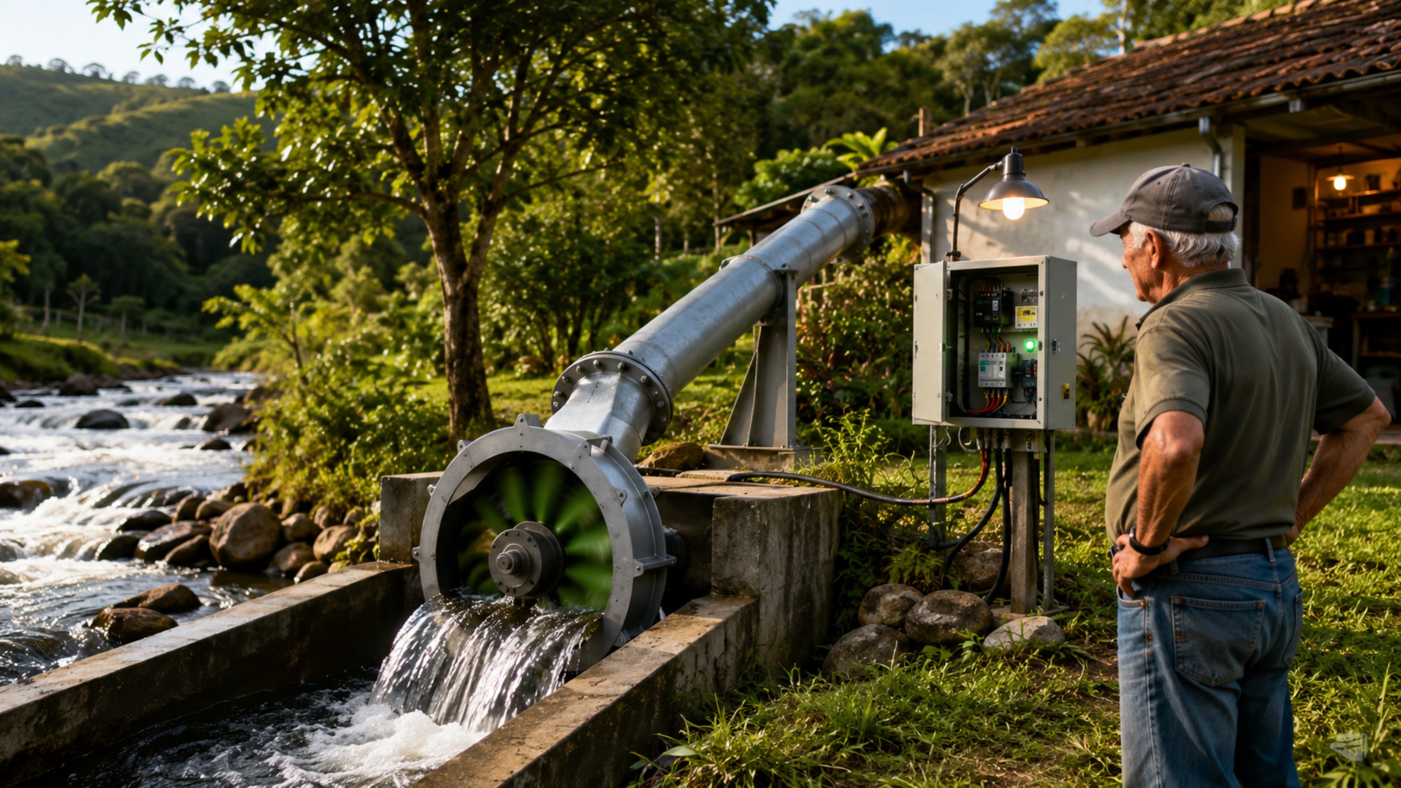 Aposentado constrói usina hidrelétrica no quintal e gera sua própria energia com a força do rio