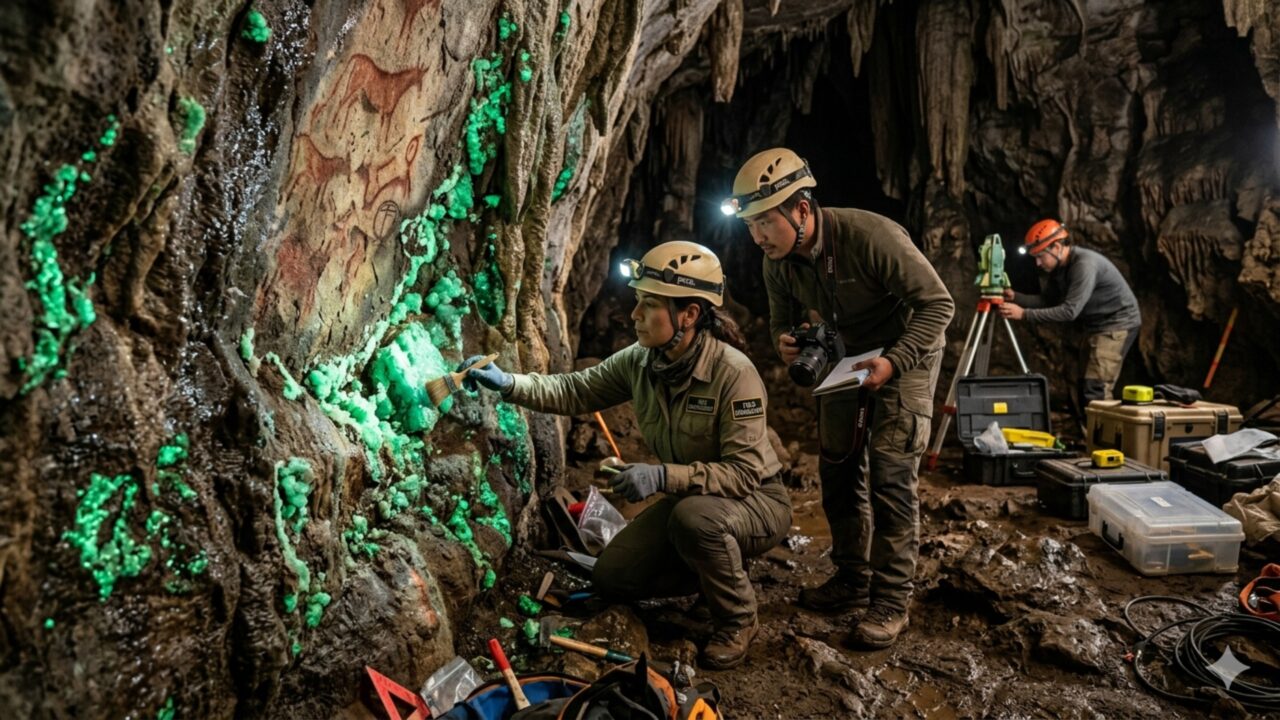 Arqueólogos descobrem caverna pré-histórica em montanha repleta de misterioso mineral verde