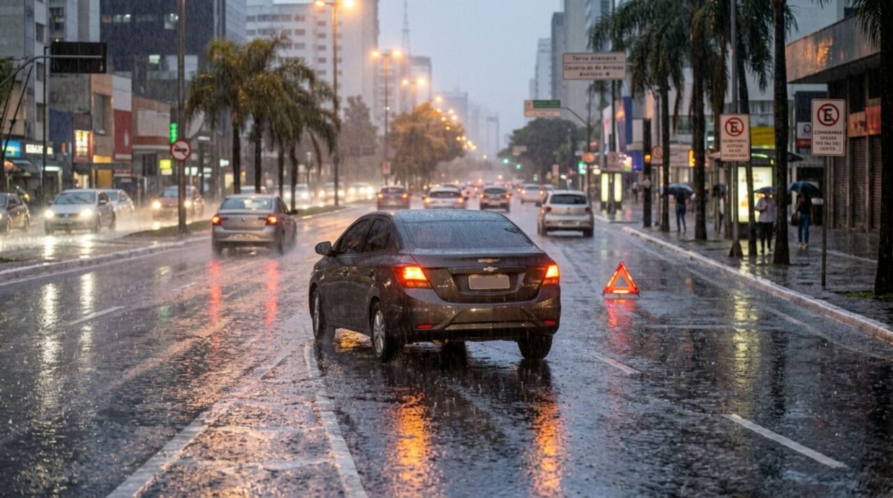 Motoristas que andam com pisca-alerta durante chuvas fortes precisam conhecer o art. 40 do CTB