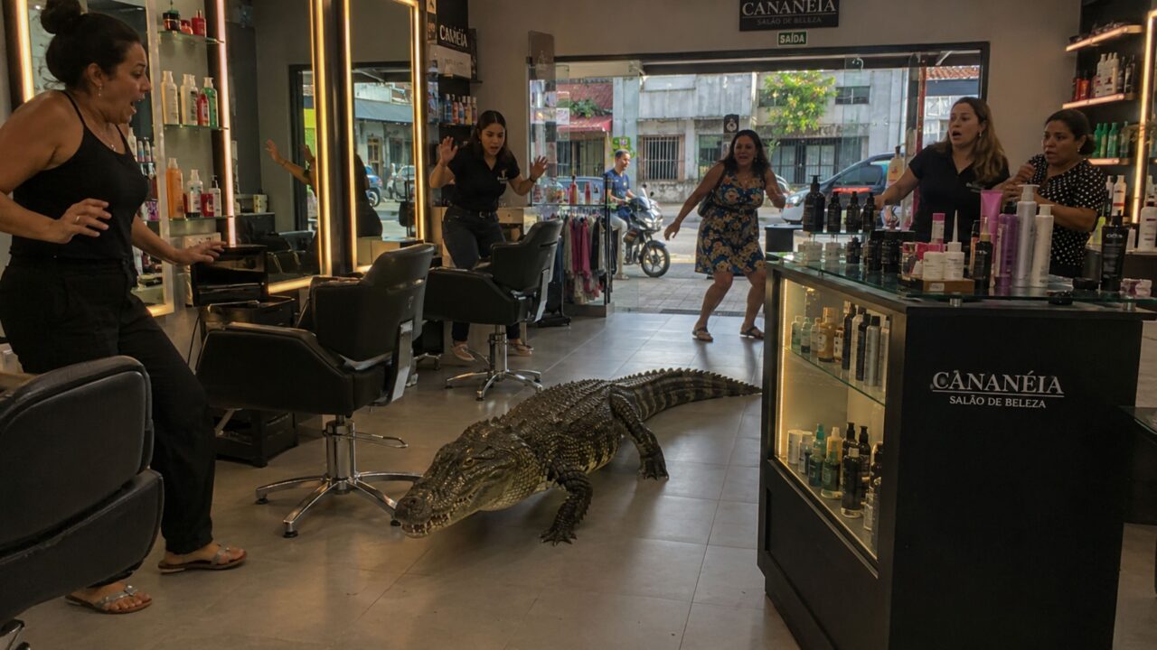 Jacaré invade salão no interior de SP e transforma atendimento em momento de pânico