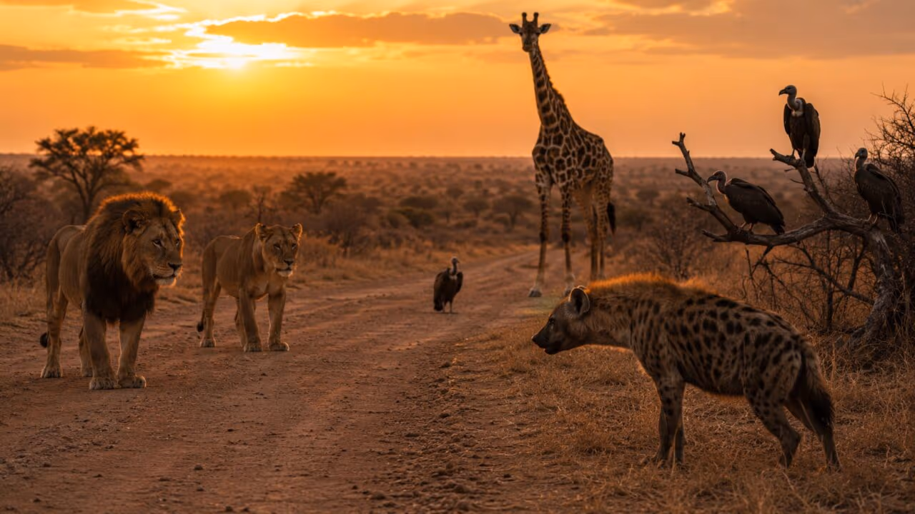 Dois leões, quatro abutres, uma hiena e uma girafa trocam olhares desconfortáveis na savana e criam cena rara