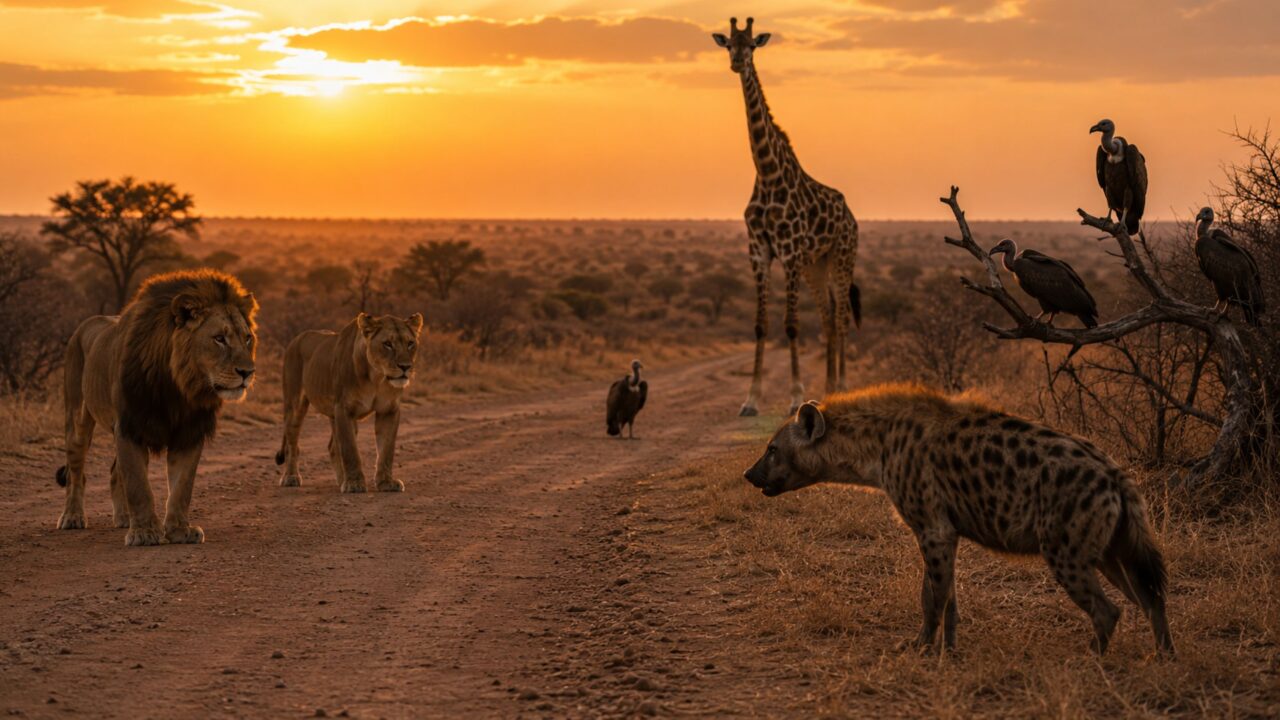 Dois leões, quatro abutres, uma hiena e uma girafa trocam olhares desconfortáveis na savana e criam cena rara