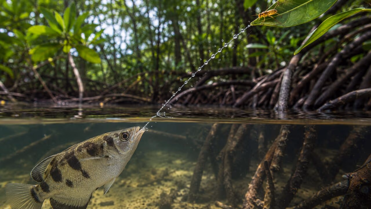 Peixe-arqueiro, o animal que lança jatos de água certeiros pela boca e derruba insetos fora da água