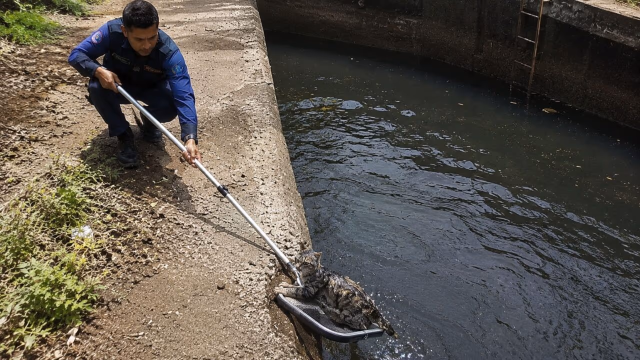 Resgate de gatinho preso em canal de esgoto emociona e mostra como agir com calma pode salvar um animal em risco